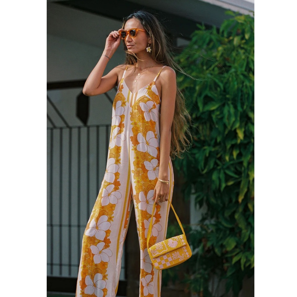Eternal Summer Hawaii Iolani Jumper Floral Yellow Jumpsuit Large Vintage Stripes